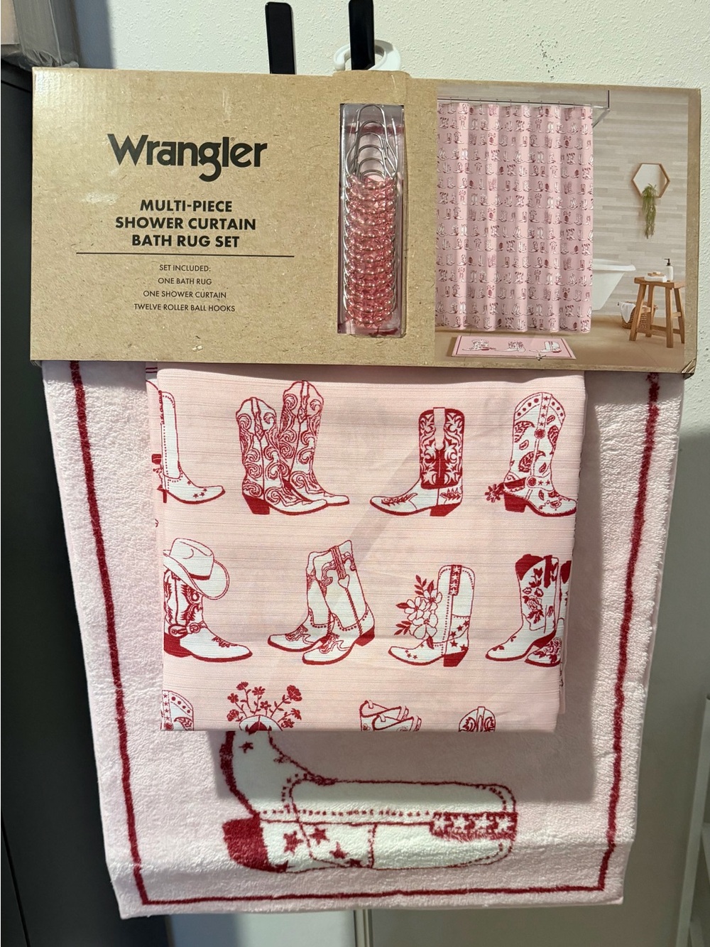 Wrangler Pink and Red Cowboy Boot Shower Curtain & Bath Rug Set